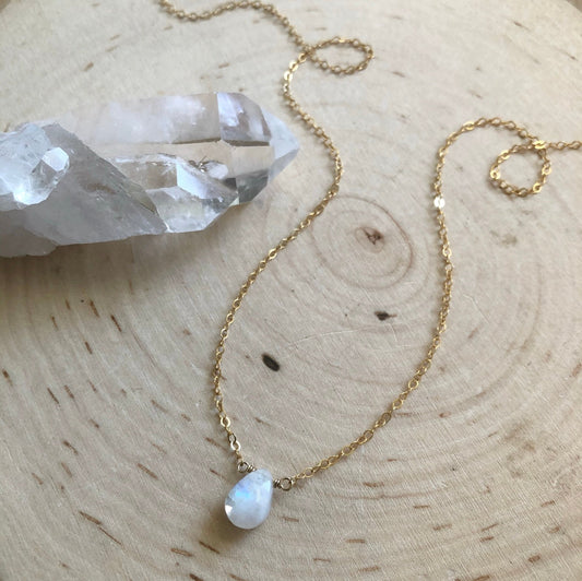Moonstone Crystal Necklace - Mini Pendant with 14K Gold Filled Chain