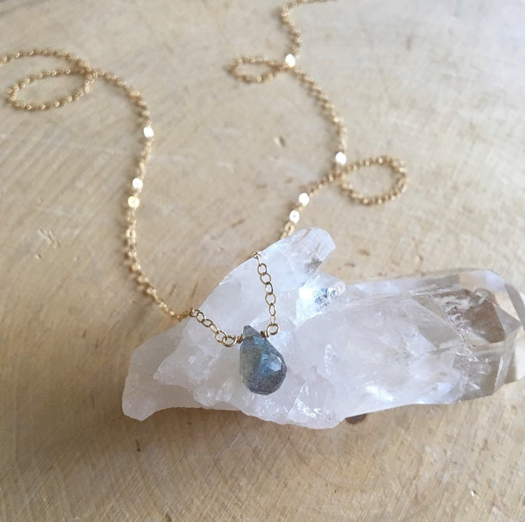 Labradorite Crystal Necklace - Mini Pendant with 14K Gold Filled Chain