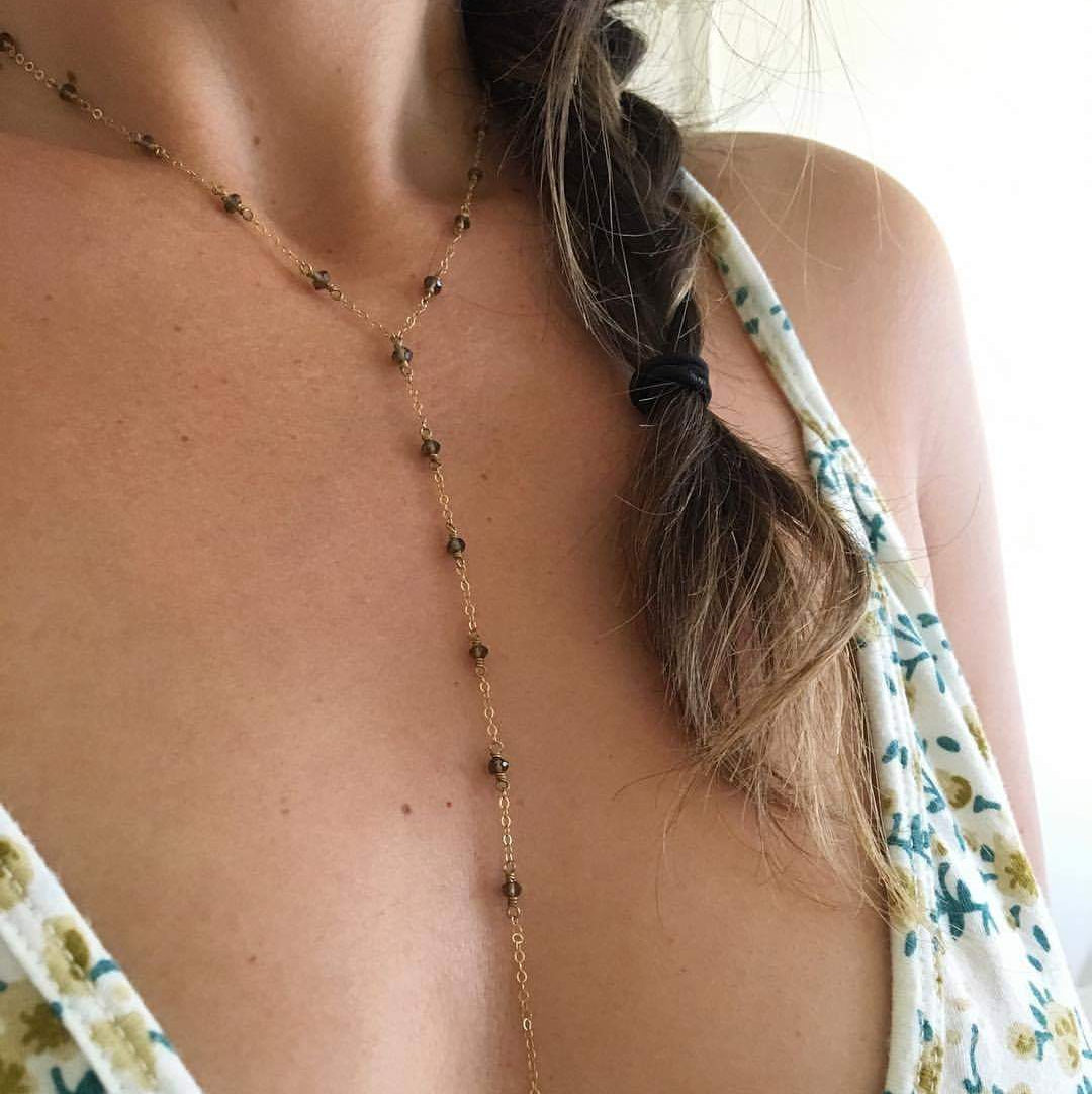 Smoky Quartz Crystal Wire Wrapped Y-Necklace with 14K Gold Filled Chain