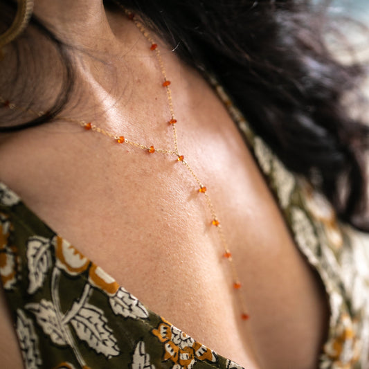 Carnelian Crystal Wire Wrapped Y-Necklace with 14K Gold Filled Chain